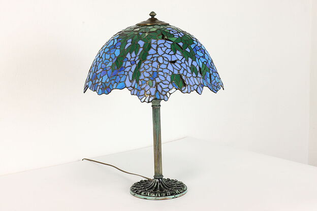 Leaded Stained Glass Shade on Antique Office or Library Desk Lamp #42152 photo