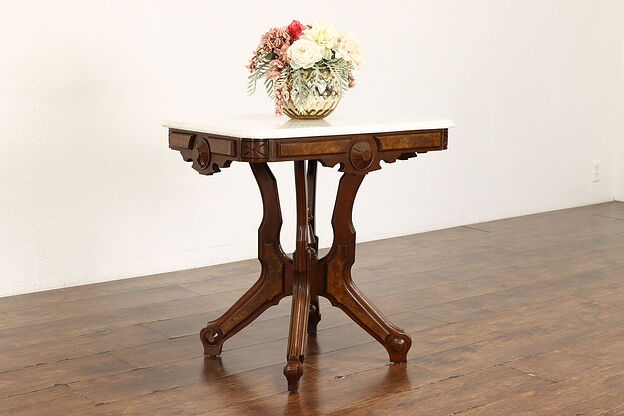 Victorian Eastlake Antique Carved Walnut & Marble Top Hall or LampTable #41946 photo