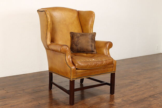 Traditional Vintage Leather & Birch Wingback Chair, Brass Nailheads #42037 photo