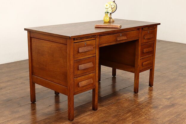 Traditional Vintage Solid Oak Office, Library or Teacher Desk #41846 photo