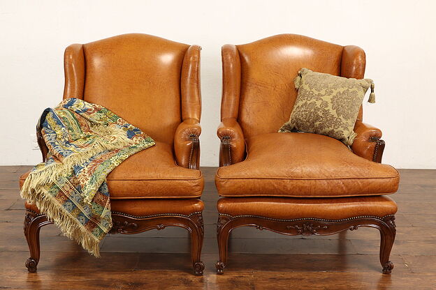 Pair of Scandinavian Vintage Carved Walnut & Leather Wingback Chairs #42062 photo
