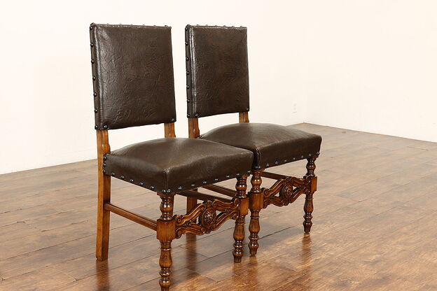 Pair of Italian Antique Leather Dining, Desk or Library Chairs #42180 photo