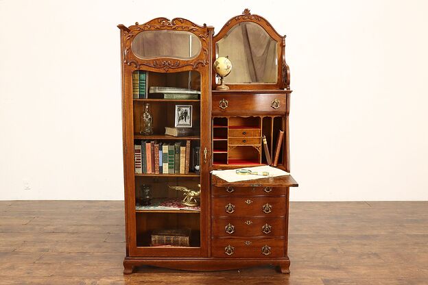 Victorian Antique Oak Side by Side Secretary Desk & Bookcase, Wavy Glass #41525 photo