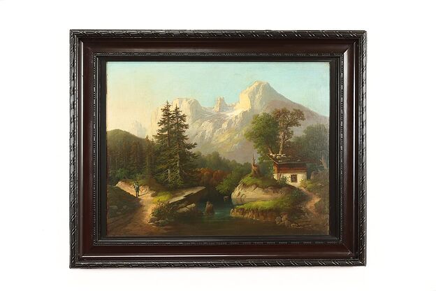 Mountain Cabin & Hunter Antique Original Oil Painting 35.5" #41347 photo