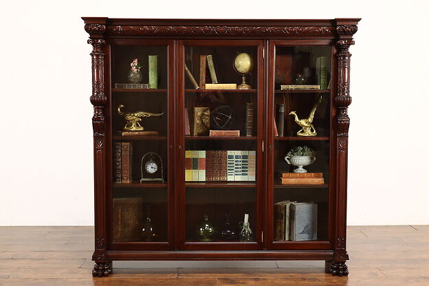 Empire Mahogany Antique Triple Office or Library Bookcase Carved Lions #41753 photo
