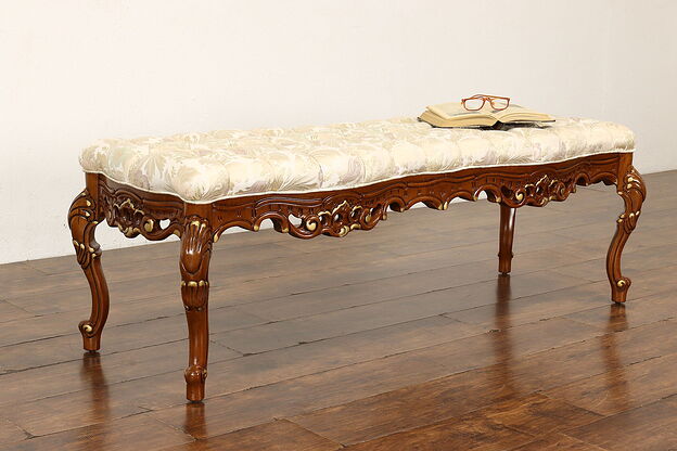 French Rococo Design Vintage Carved Fruitwood Hall or Boudoir Bench #42114 photo