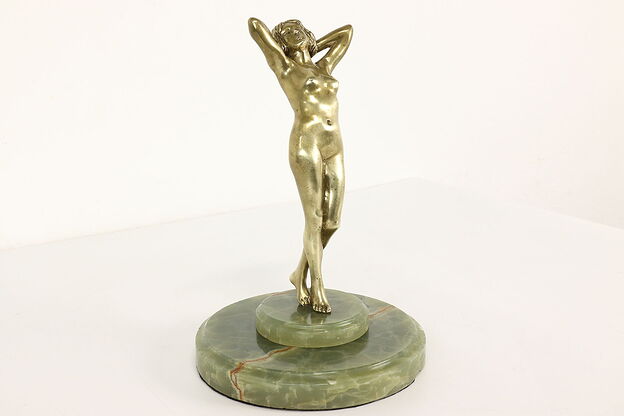 Art Deco Bronze Statue Antique Nude Woman Sculpture on Onyx Base #41504 photo