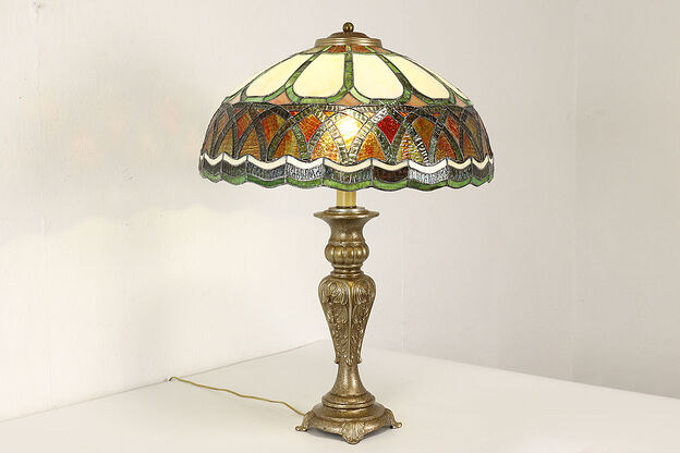 Leaded Stained Glass Shade Vintage Office or Library Desk Lamp #41697 photo