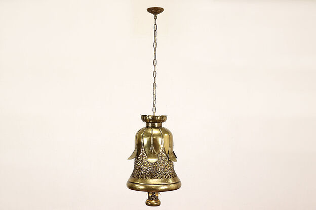 Brass Pierced Bell & Lotus Vintage Chandelier Light Fixture, India #42108 photo