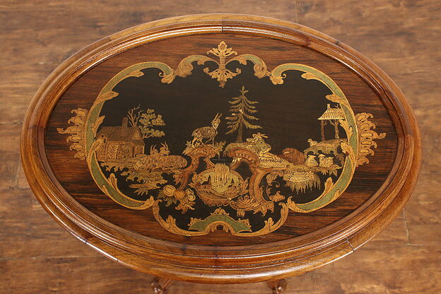 Black Forest Marquetry Victorian Antique Oval Carved Walnut Parlor Table #42116 photo
