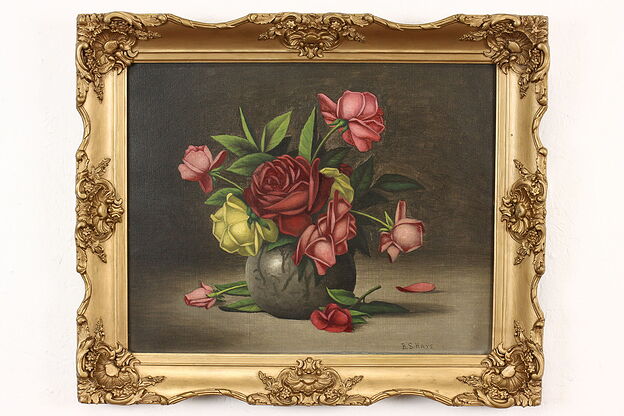 Victorian Antique Still Life Roses Original Oil Painting, B. S Hayes 25" #42121 photo