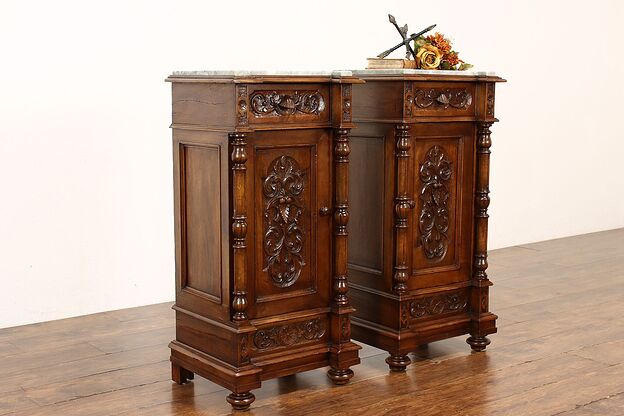 Pair of Italian Antique Walnut Nightstands or End Tables, Marble Tops #42039 photo
