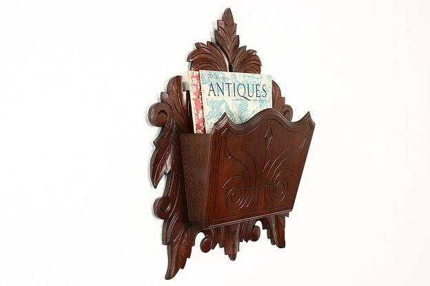 Victorian Antique Carved Walnut Wall Pocket or Hanging Magazine Rack #42300 photo