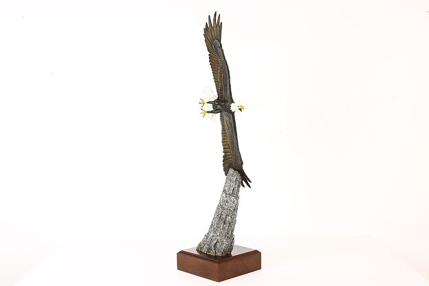 Soaring Bronze Eagle on Walnut Base Vintage Sculpture, Shoop #41656 photo