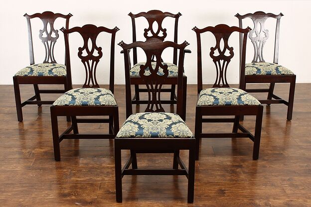 Set of 6 Georgian Chippendale Vintage Dining Chairs, New Upholstery #40390 photo