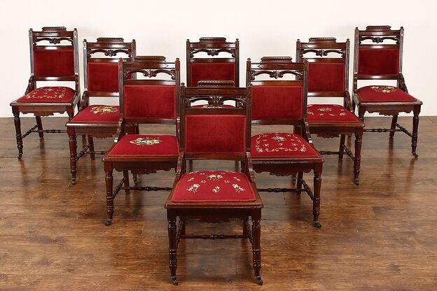 Set of 8 Victorian Eastlake Antique Walnut & Needlepoint Dining Chairs #42198 photo