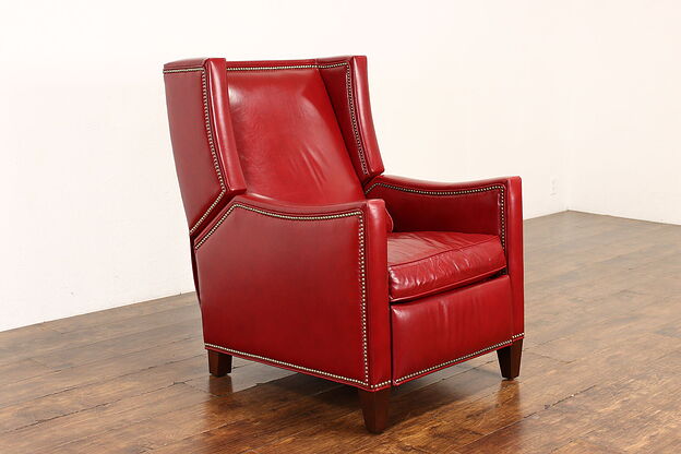 Traditional Vintage Leather Wing Chair Recliner Brass Nailheads, Comfort #41971 photo