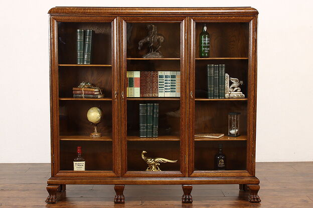 Empire Antique Triple Oak Office Library Bookcase, Wavy Glass, Paw Feet #42392 photo