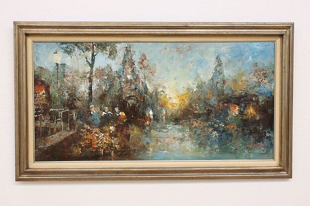 Cityscape at Sunset Vintage Original Oil Painting, Barnod 55.5"  #42141 photo