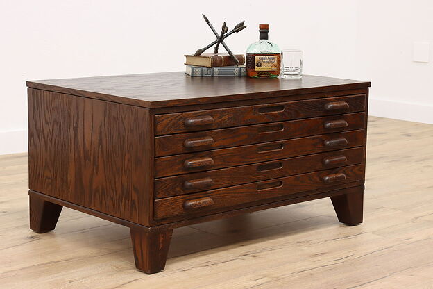 Oak Vintage 5 Drawer File Industrial Map or Collector Chest Coffee Table #41532 photo