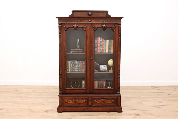 Victorian Renaissance Antique Carved Walnut Office or Library Bookcase #41752 photo