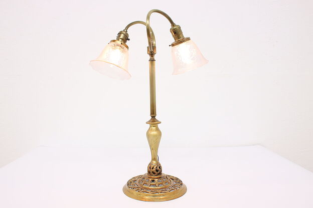 Traditional Vintage Brass Filigree Double Office or Library Desk Lamp #42017 photo
