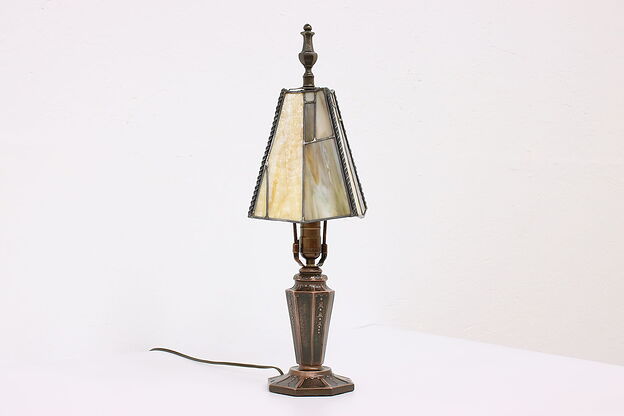 Leaded Stained Glass Shade Vintage Office or Library Desk Lamp, Classique #42399 photo