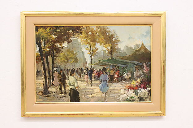 Madeleine Flower Market Paris Vintage Original Oil Painting Durant 44.5"  #41651 photo