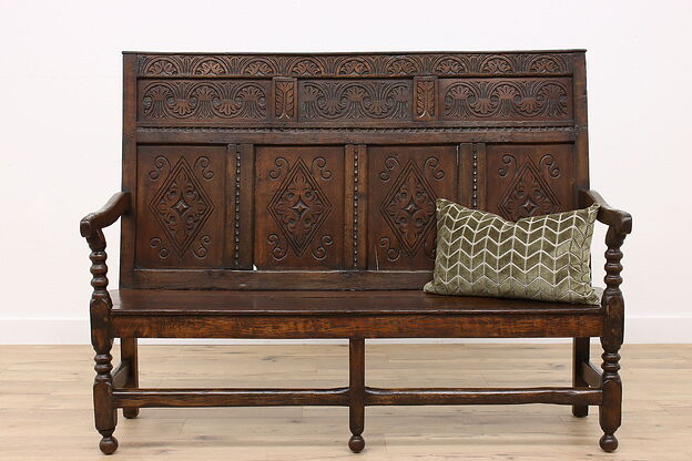 French Farmhouse Antique 1750s Hand Carved Oak Hall Bench Settee #41640 photo