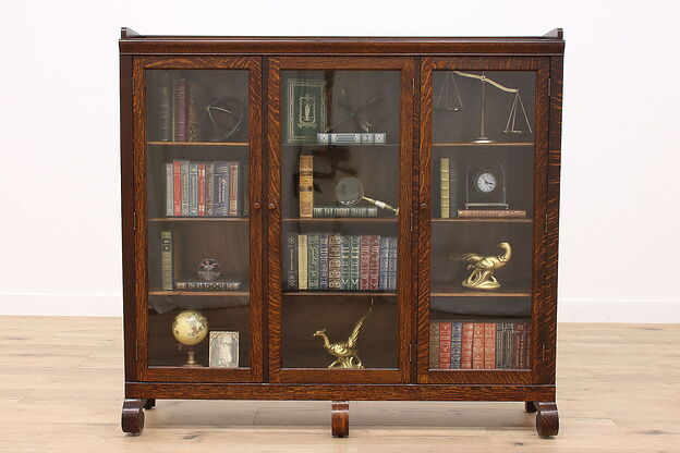 Empire Antique Oak Office or Library Triple Bookcase, Wavy Glass #42337 photo
