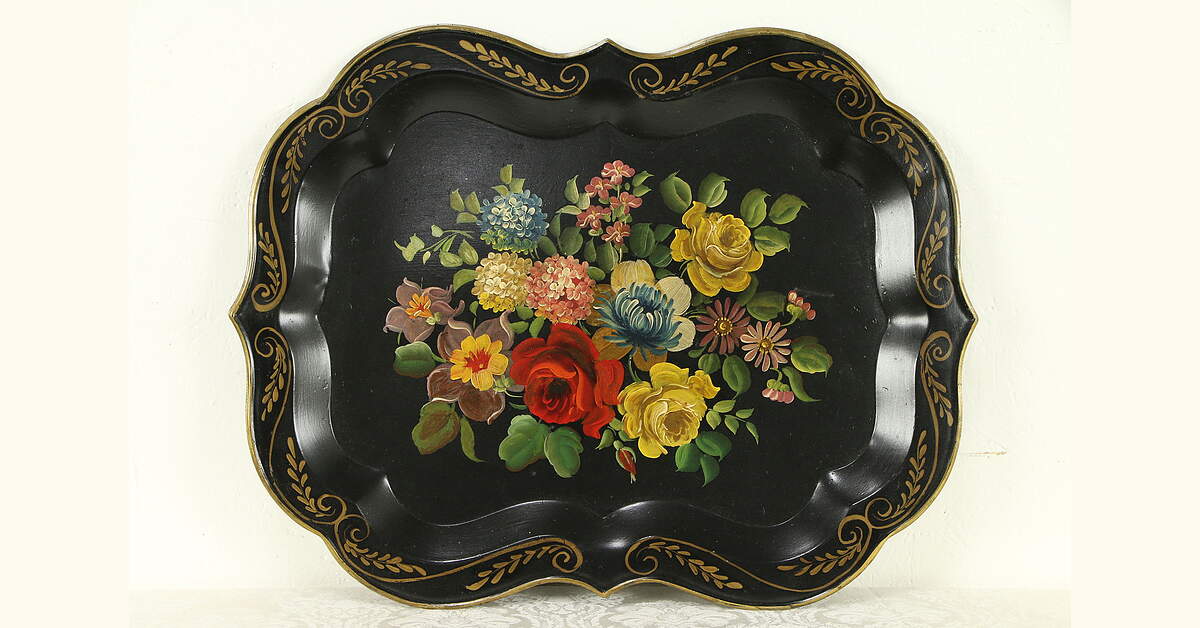 Victorian Antique 1860 Hand Painted Tin Toleware Tray