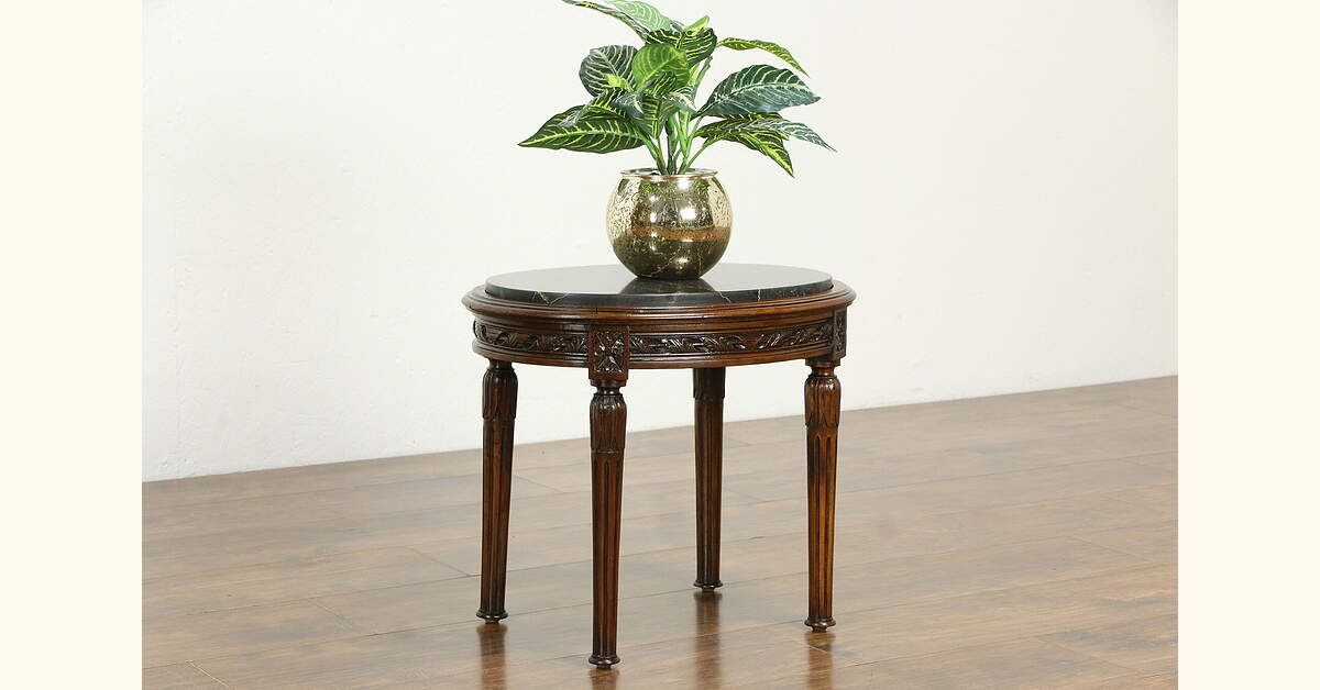 Chairside Antique French Style Table, Black Marble Top, Signed Karpen