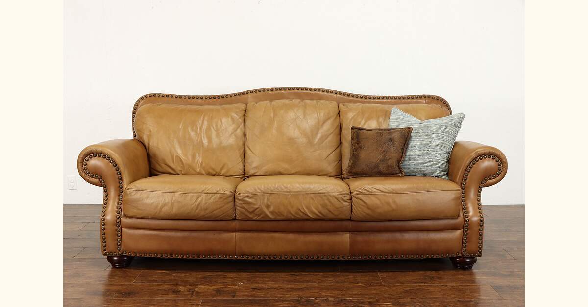 Large Brown Vintage Natural Leather Sofa, Brass Nailhead Trim