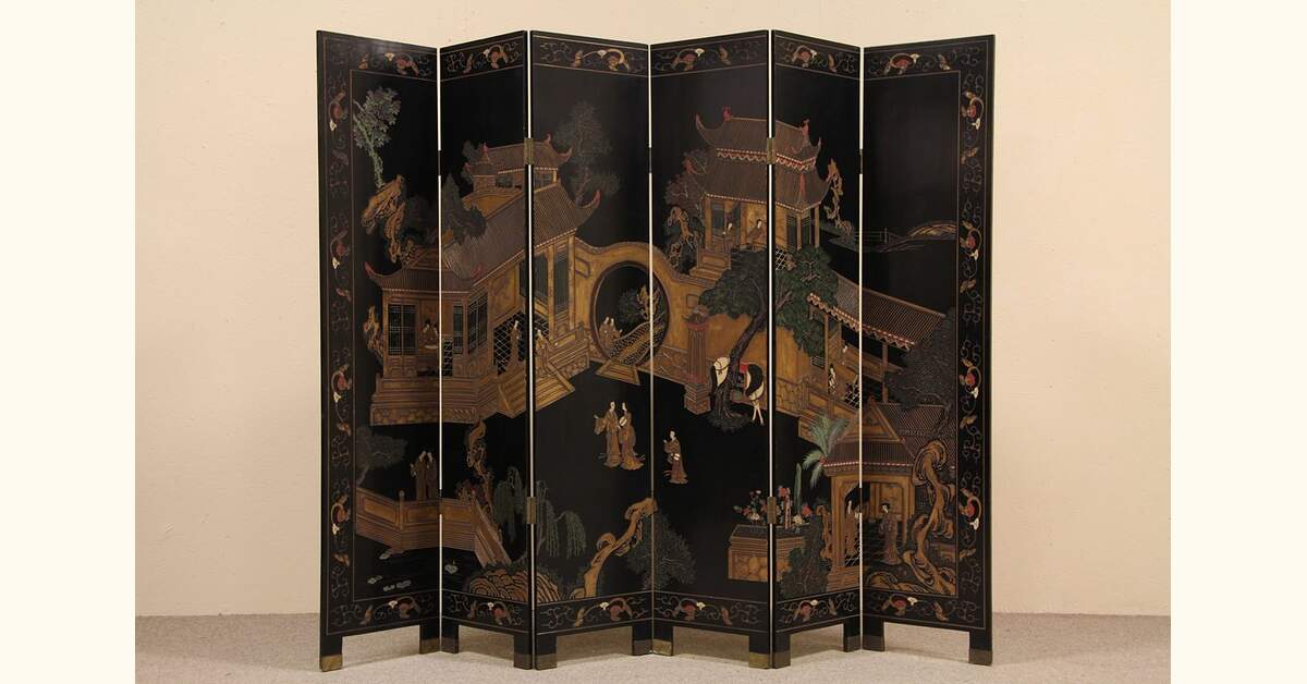 Coromandel Carved 6 Panel Chinese Screen