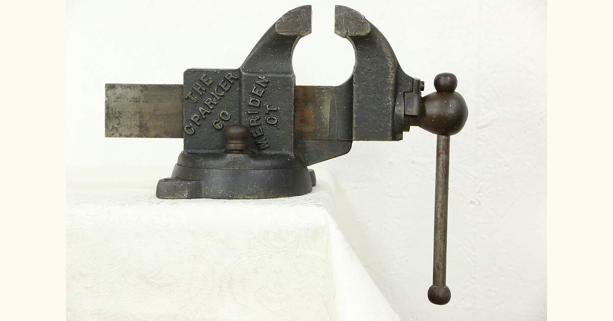Cast Iron Antique 1900 Workshop Vise, Signed Parker of Connecticut