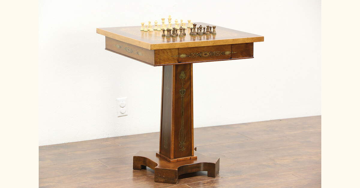 Exchequer Table Parquetry Inlaid 1900 Antique Chess, Checker Game Table, Signed