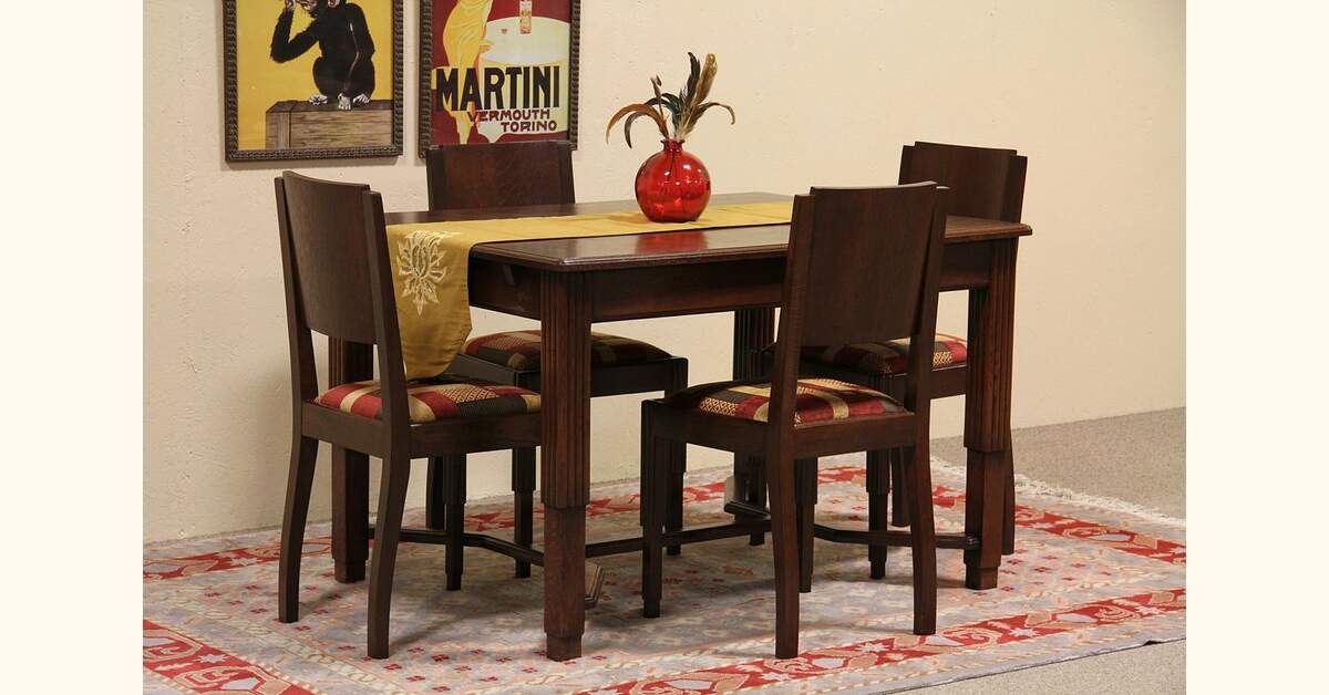 Art Deco 1930's Antique Oak Dining Set, Table, 4 Chairs
