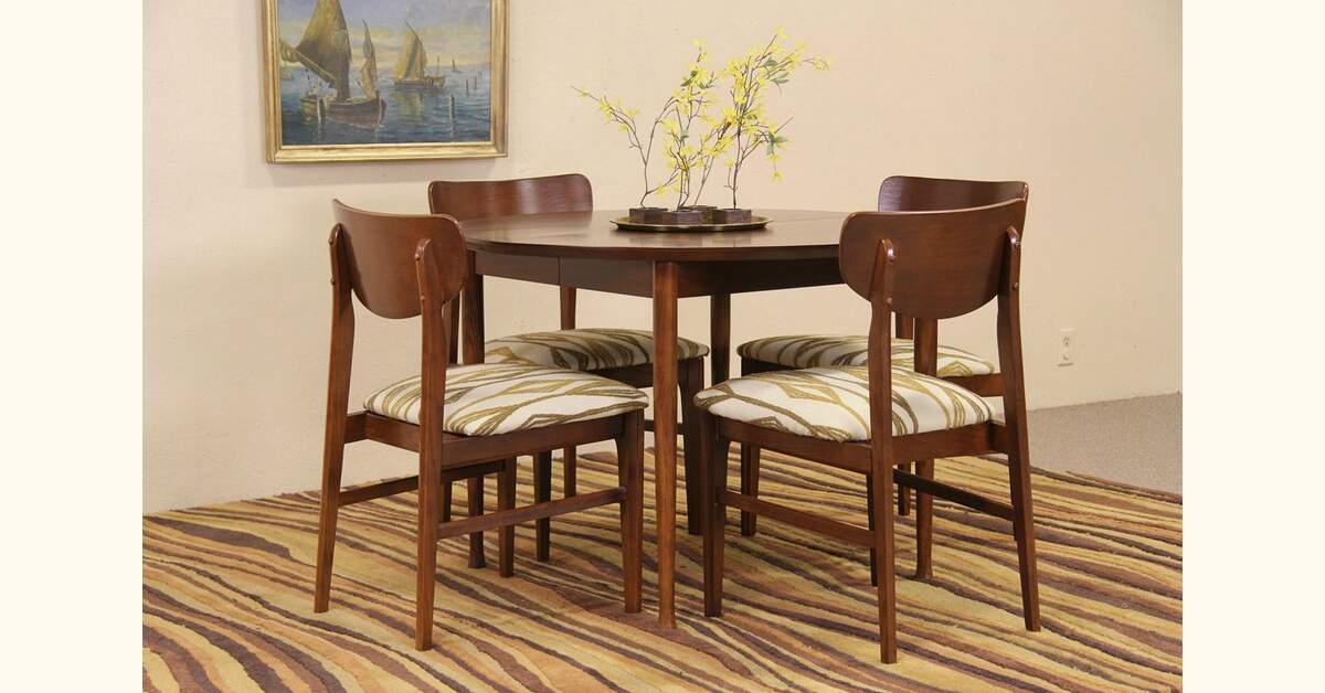 Midcentury Modern Dining Set, Table & Leaf, 4 Chairs, 1960 Vintage