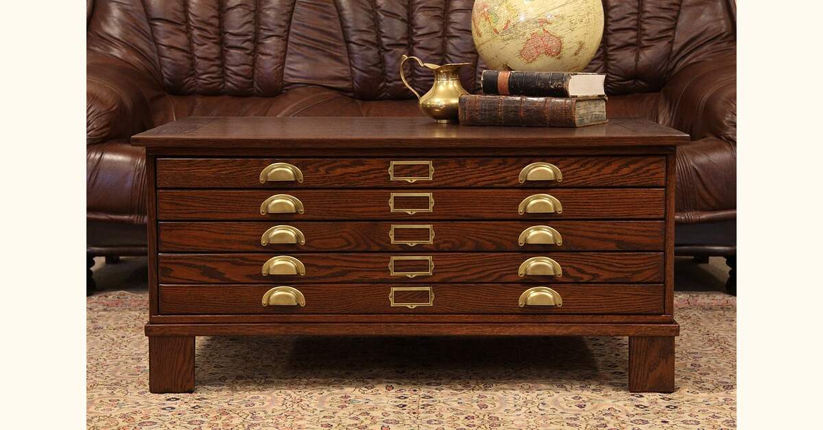 Oak Map Chest or Document File Coffee Table