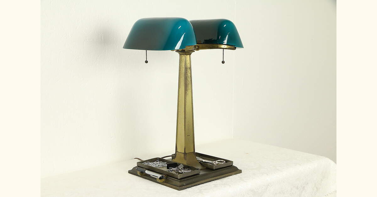 Emeralite Antique Partner Desk Double Banker Lamp, Green Shades