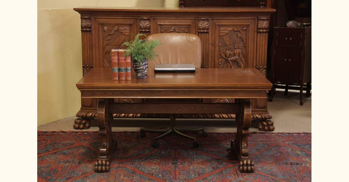 Carved Oak Library, Writing, Dining Table, Paw Feet