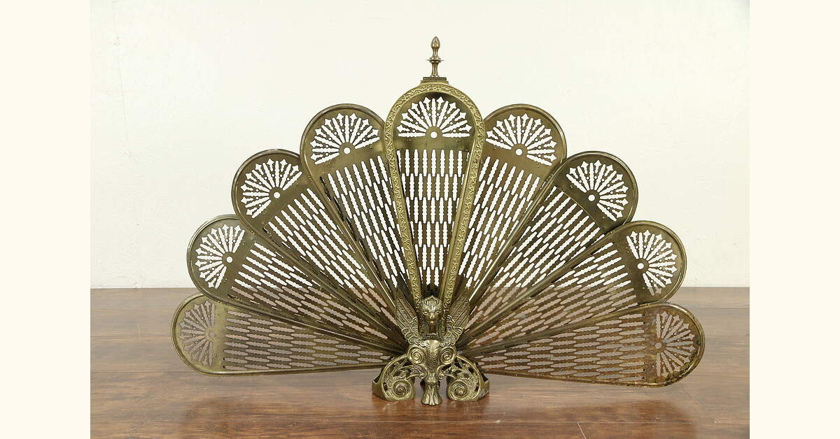 Gargoyle or Griffin Brass Peacock Fan Vintage Fireplace Screen