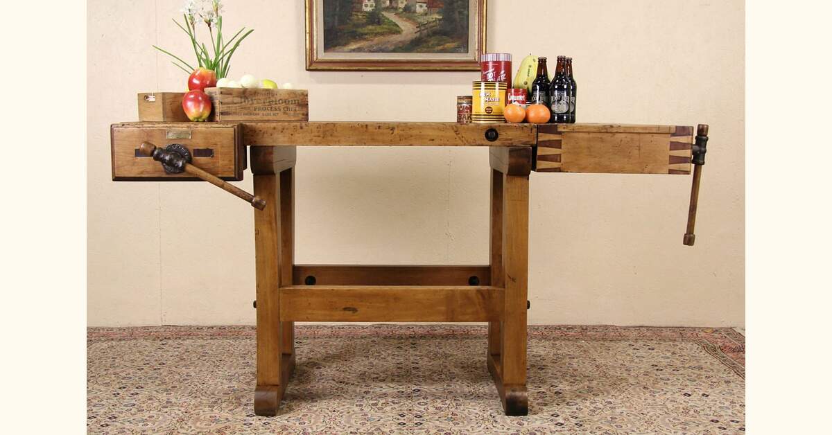 Carpenter 1900 Antique Ohio Workbench, Kitchen Island or Wine