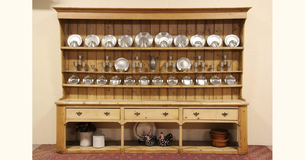 Pine 13' Antique Welsh Dresser, Pewter Cupboard or Back Bar