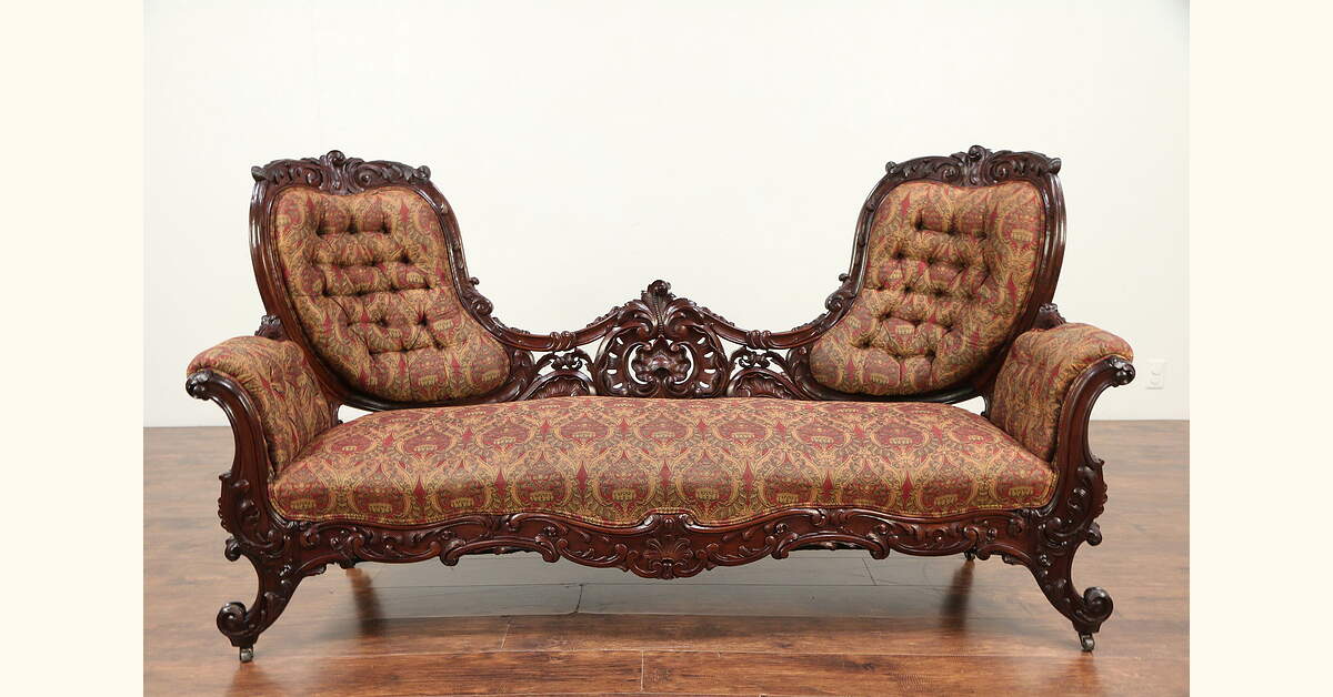 アンティークファニチャー Victorian Antique 1860's Hand Carved Rosewood Sofa, Recent Upholstery