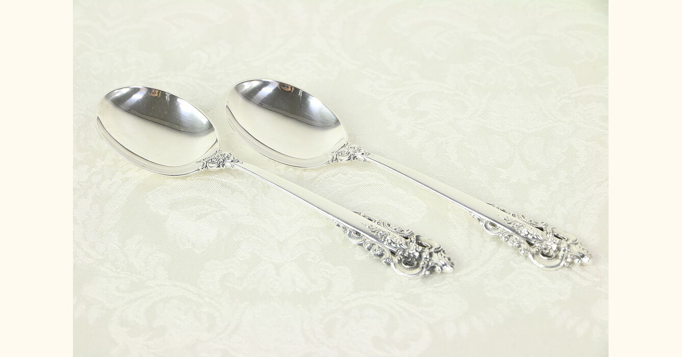 Wallace Sterling Grande Baroque Cream Soup Spoons OPENED Wallace Sleeves UNUSED 