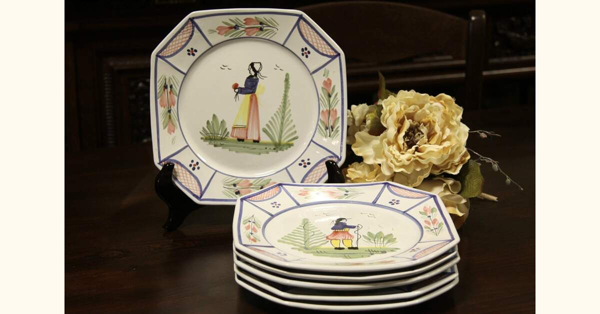 Quimper Brittany France Hand Painted Set of 6 Dinner Plates