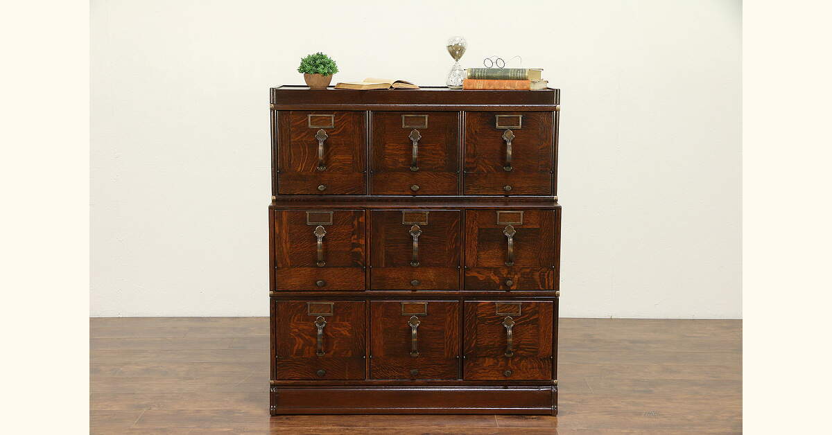 Oak Antique 9 Drawer Stacking File Cabinet, Tilt Fronts, Globe Wernicke