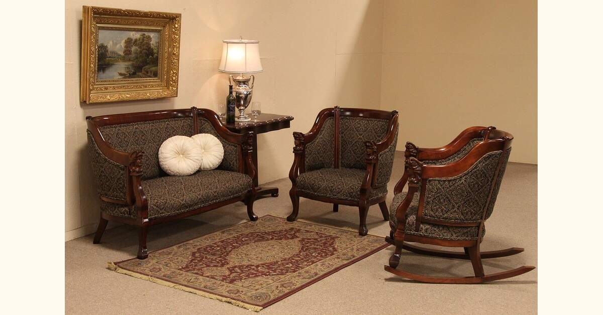 Victorian Parlor Set, Carved Settee, Chair, & Rocker