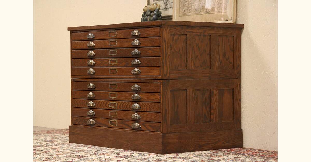 Oak Stacking Map Chest or Document File, 10 Drawers